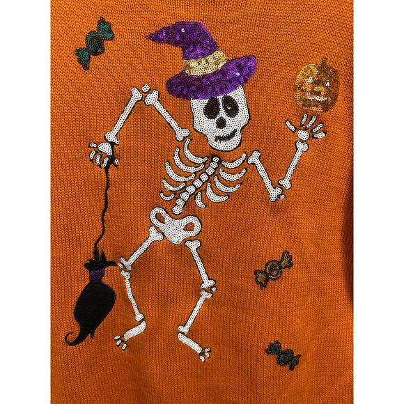 Halloween Poof Orange Skeleton Sweater - Women’s Size S - Picture 2 of 4